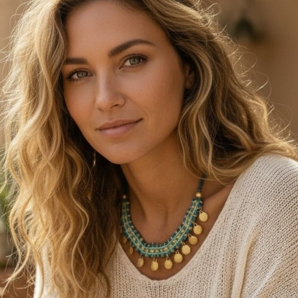 Boho Woven Bib Necklace Turquoise Navy Gold Shell Charms Handmade Cottagecore